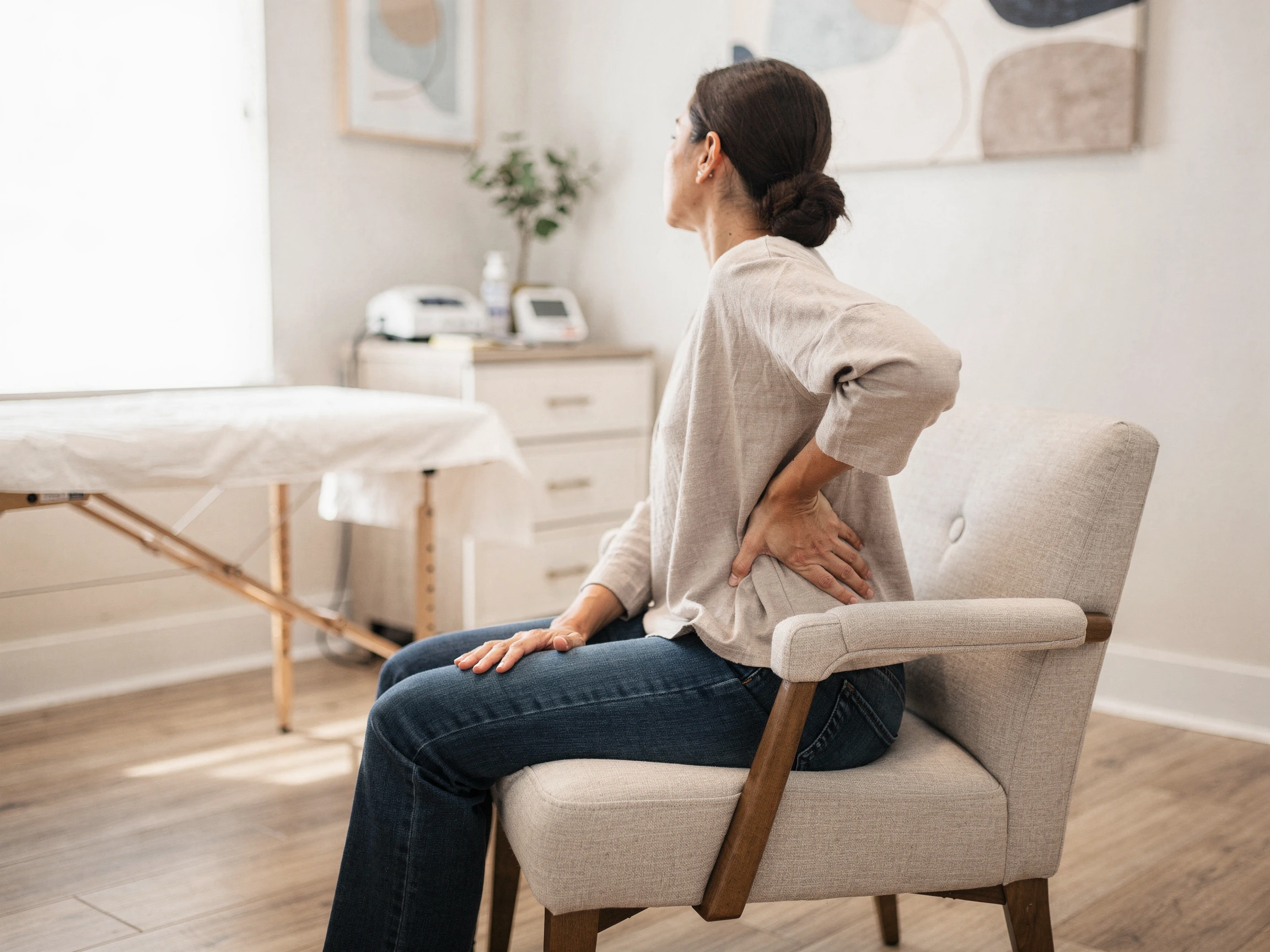 Woman sitting in a clinic chair holding her lower back in pain, with treatment table visible behind her